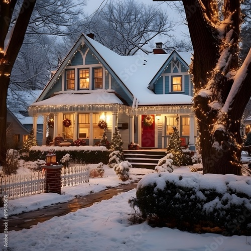 Beautiful house in a snowy forest at night. Christmas and New Year concept.