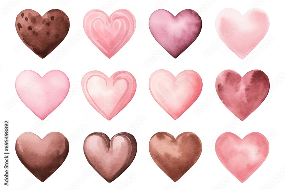 Watercolour valentines day chocolate pink, neutral red isolated on white