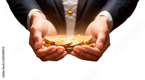 Mãos de um executivo segurando moedas douradas de dinheiro, isolado, em fundo transparente. photo