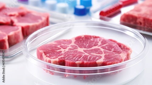 A plate of raw meat next to a tray of raw meat. Meat sample in modern laboratory or production facility.