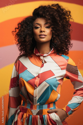 fashion african american woman in colorful clothes posing on colorful background