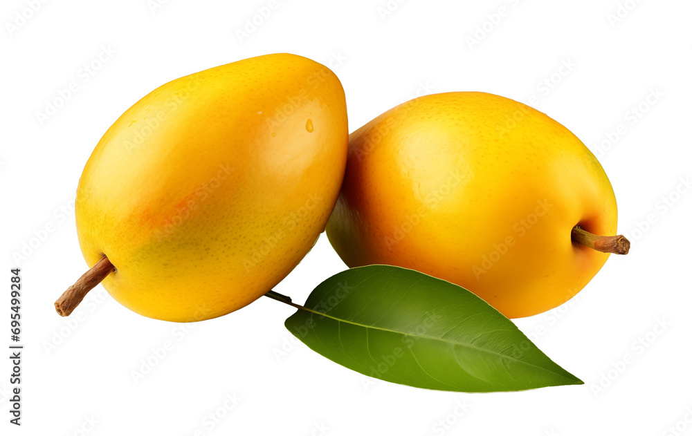 Two yellow fruits with a green leaf