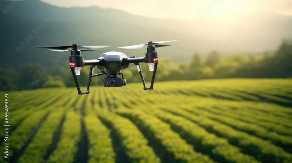 A drone flying over a field of crops.