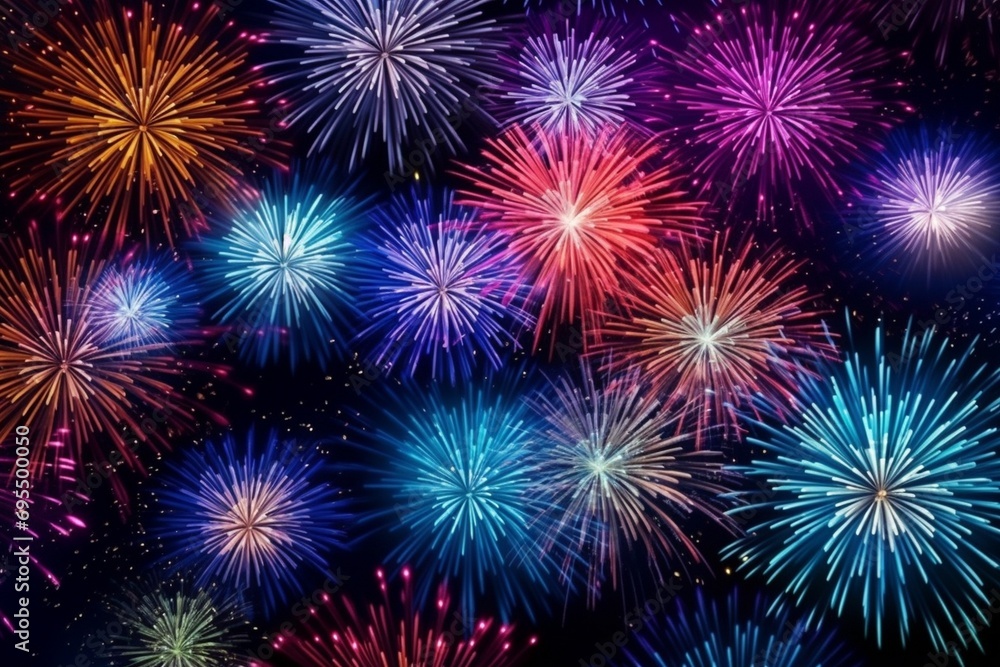 Colorful fireworks of various colors over night sky background. Celebration concept