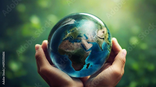 hands holding an earth single globe, tiny planet, protecting the earth, ecology, taking care of nature, global warming, human impact on nature, renewable energies, CSR, responsability