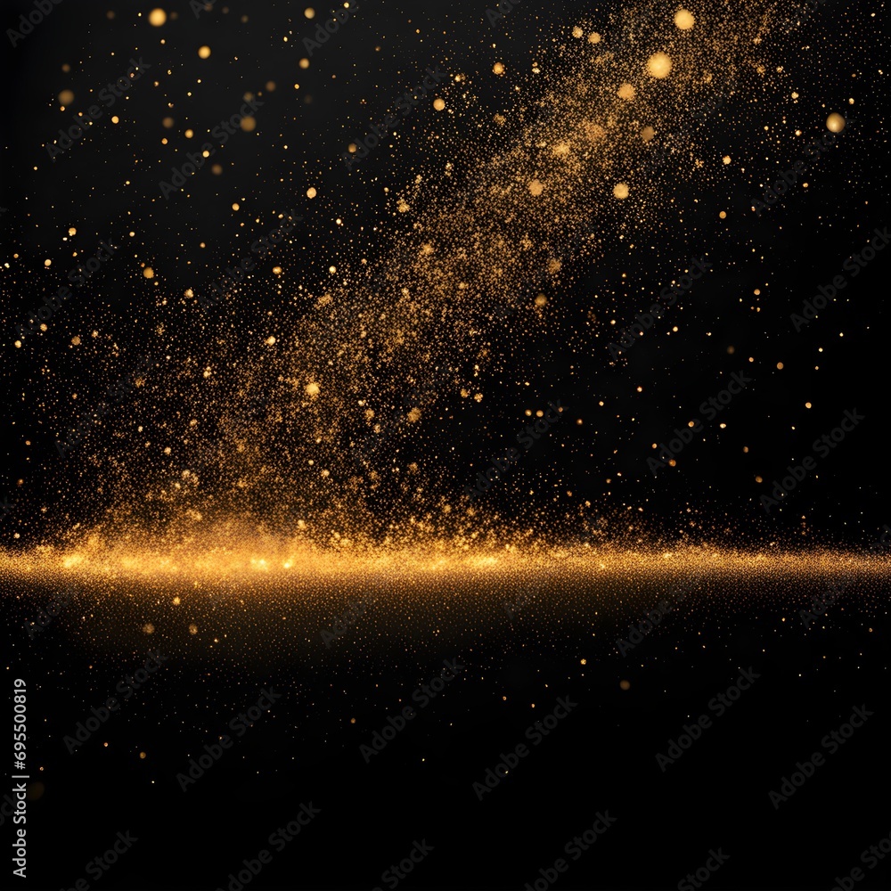 Golden particles suspended in a captivating darkness.black background