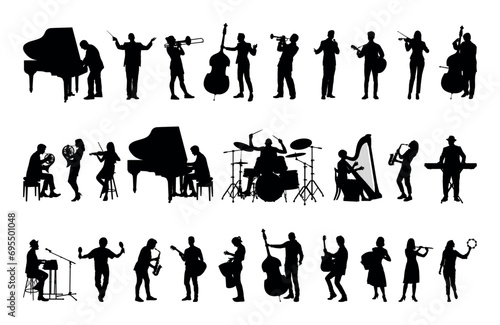 Group male and female musicians playing different musical instruments vector silhouette set collection.