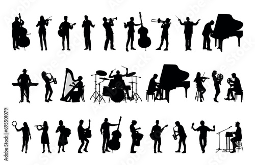 Group of musicians playing different musical instruments vector set silhouettes collection.