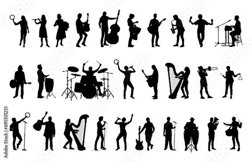 Group of musicians playing different musical instruments black silhouettes set collection. 