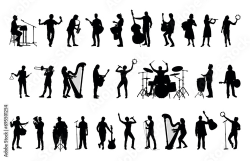 Large group band musicians playing different musical instruments vector silhouette set collection.