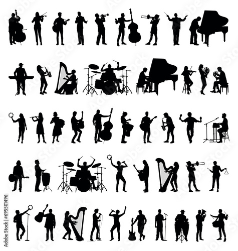 Group of musicians playing various instruments silhouettes set collection.
