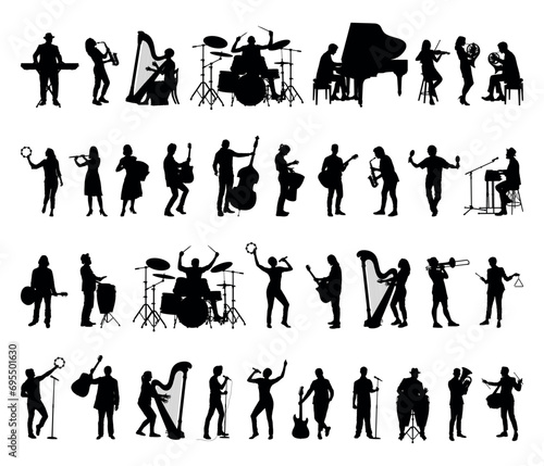 People musicians playing different musical instruments black silhouettes set collection.