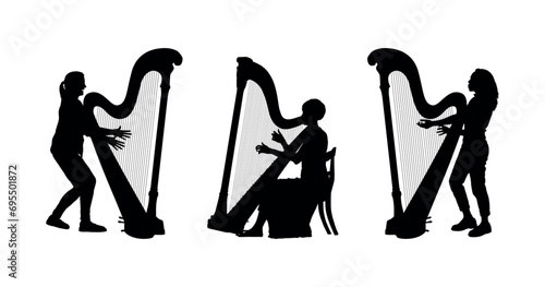 Three female harphists with harps vector silhouettes.