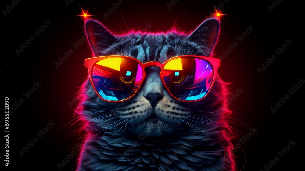 Portrait of smart cat in clothes and sun glasses with neon light,funny party concept