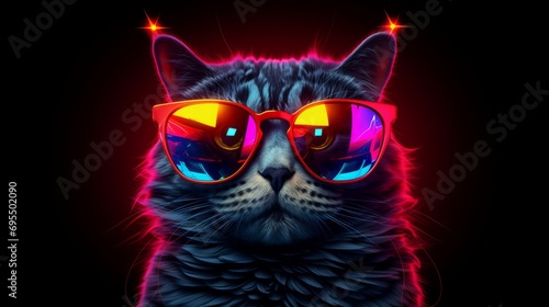 Portrait of smart cat in clothes and sun glasses with neon light funny party concept