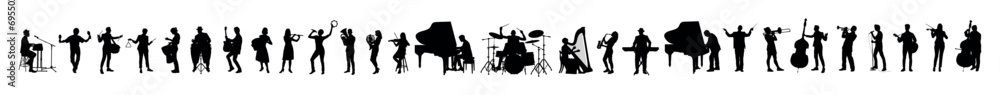Large group silhouettes set of musicians playing various instruments vector collection. Musicians performing with various musical instruments silhouettes. - obrazy, fototapety, plakaty 