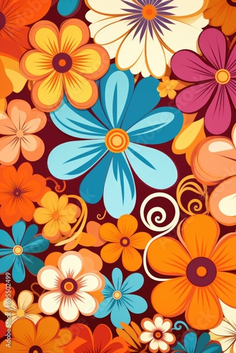 Flowers beautiful Background. 70s retro floral poster  creative  artistic flowers  vibrant colorful