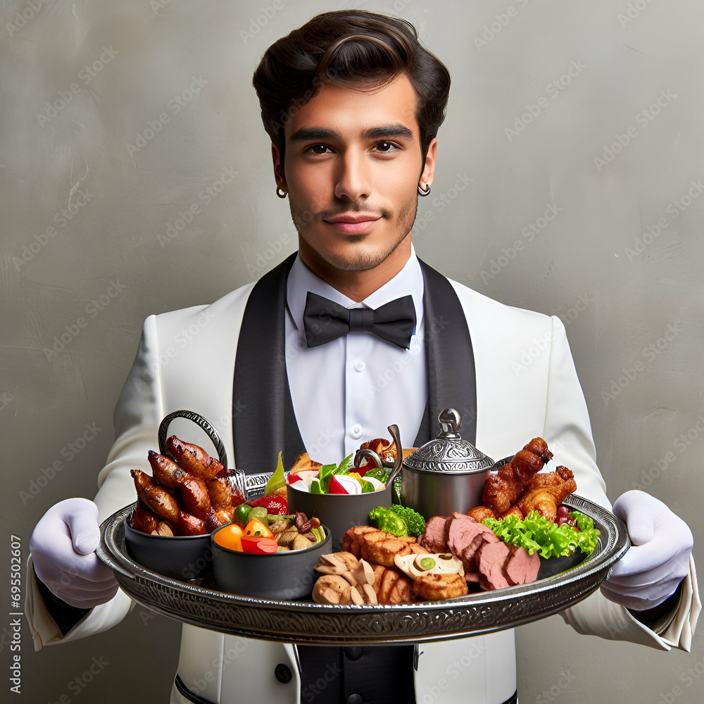 Elegantly Dressed Professional Waiter Waitstaff Wearing White & Black with a Tie Attending to Delivering Carrying a Silver Tray with Savory Meat Culinary Delight Dishes for Restaurant Cafe Vibrant Bar Elegantly Dressed Professional Waiter Waitstaff Wearing White & Black with a Tie Attending to Delivering Carrying a Silver Tray with Savory Meat Culinary Delight Dishes for Restaurant Cafe Vibrant Bar