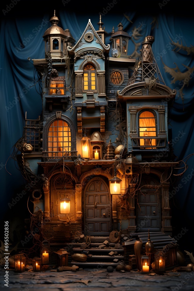 Mystical Halloween background with old castle and candles. 3d rendering
