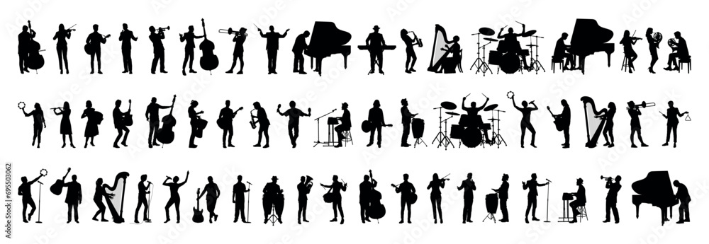 Large group silhouettes set of musicians playing various musical instruments vector collection. - obrazy, fototapety, plakaty 