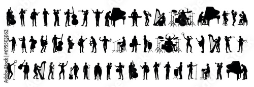 Large group silhouettes set of musicians playing various musical instruments vector collection.
