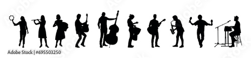 Group of musicians playing different musical instruments set vector silhouettes. Band musicians jamming together vector silhouette collection.