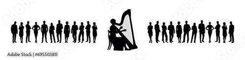 Woman playing the harp in front of large group of people audience vector silhouette.