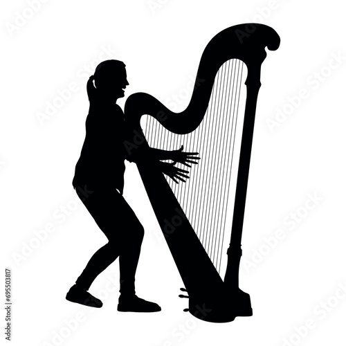 Young woman playing the harp silhouette. Female harphist portrait black silhouette.