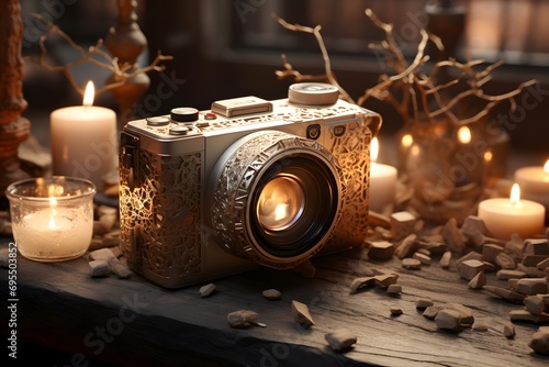 Retro camera and candles on wooden table in dark room, panorama photo