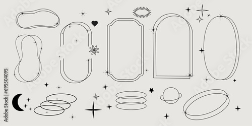 Modern abstract shapes and figures in boho style. Brutalism. Vector. Isolated. Y2k elements. Decorative set with frames and stars. Background. Editable line. Trendy one line style. Moon and sun