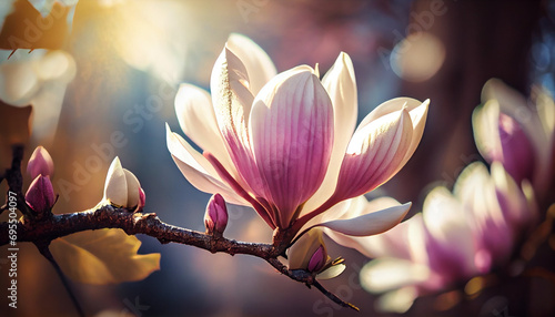 Beautiful blooming magnolia flower on branch, spring fresh air morning after rain. Natural sunlight bokeh. Generative AI photo
