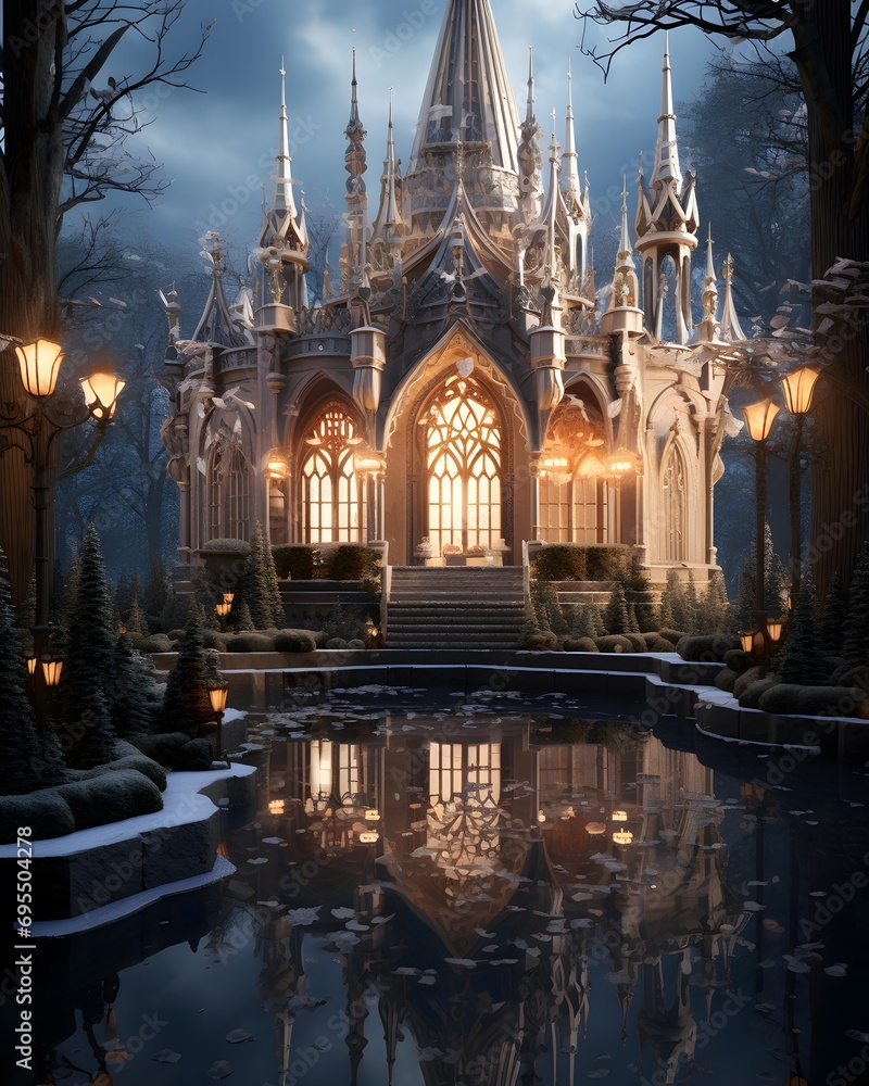 Fototapeta premium Beautiful view of the gothic cathedral at night in the park