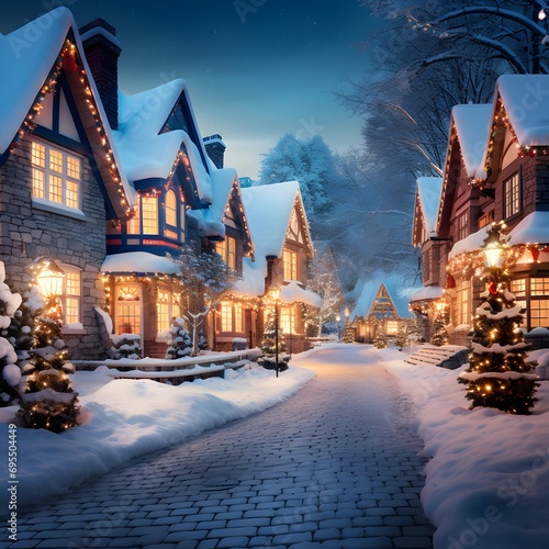 Winter night in the village. Christmas and New Year holidays background.
