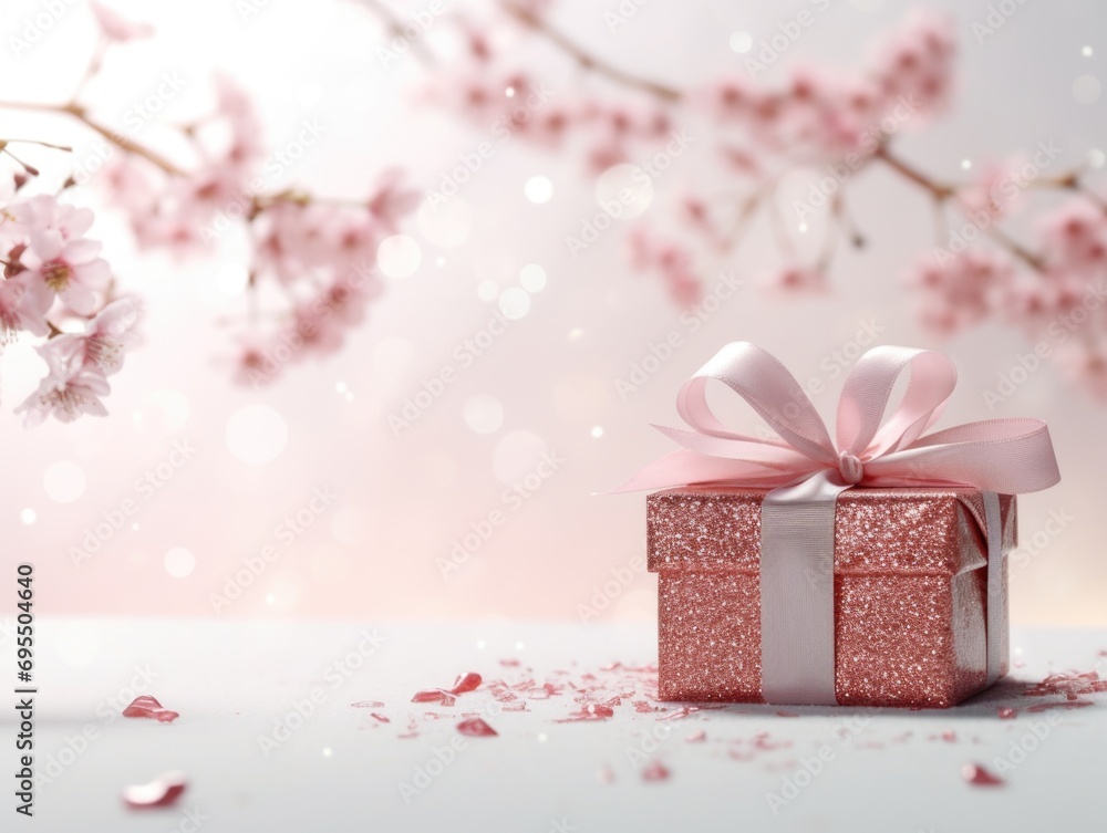 A pink gift box with a pink bow on it. Valentines day background.
