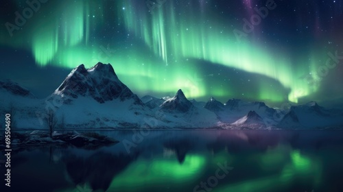The aurora bore lights up the night sky over a mountain range. © tilialucida