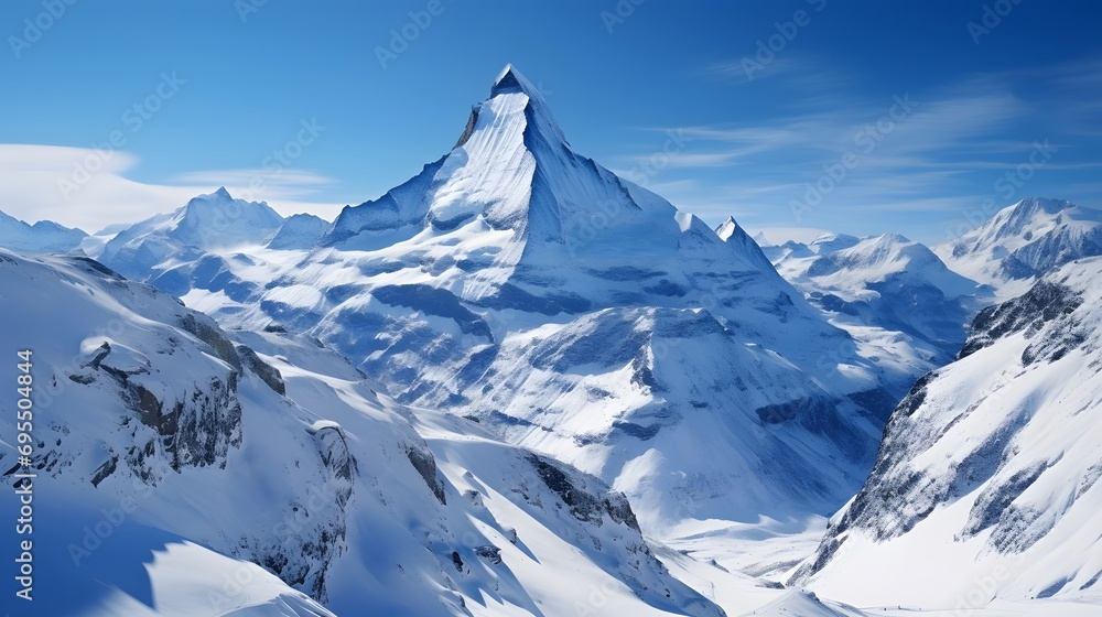Panoramic view of the snowy mountains in the Swiss Alps.