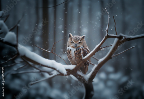 Winter dark forest, an owl sits on a snow-covered branch photo