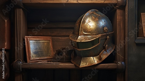 A helmet, adorned with the unmistakable patina of experience, sits atop a shelf, a silent guardian awaiting the next call to action