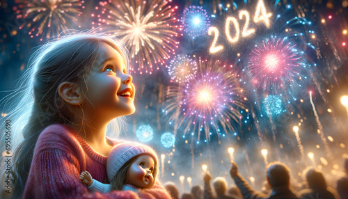 a young girl watching fireworks at night, forming the number '2024'