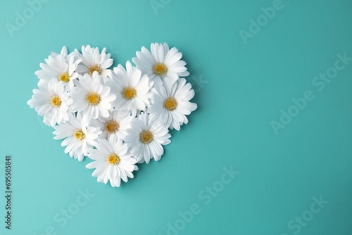Moving daisies in shape of a heart on teal blue background. Heart and Daisy or Chamomile. Happy Mother's Day, Women's day, Charity Concept, With Copy Space.