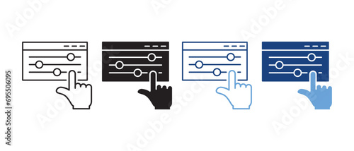 Control Panel and Pointer Sign. Multimedia Adjusting Symbol Collection. Control Panel Line and Silhouette Icon Set. Adjustment Button with Hand Pictogram. Isolated Vector Illustration.