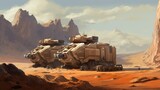 A line of armored vehicles rests against a backdrop of rugged mountains. The metallic sheen contrasts sharply with the earthy tones of the landscape, hinting at stories of distant campaigns
