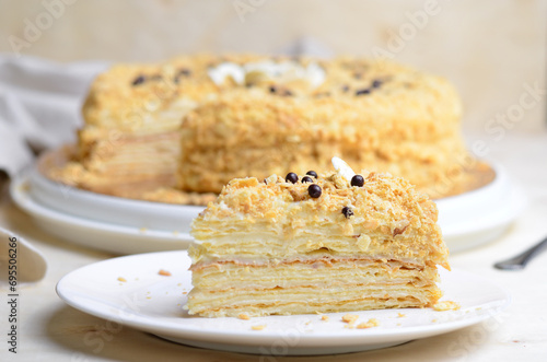 Delicious Napoleon Cake  Delicate Handmade Dessert with Custard and Puff Pastry Layers on Bright Background