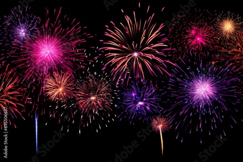 Colorful fireworks on black sky background for celebration happy new year.