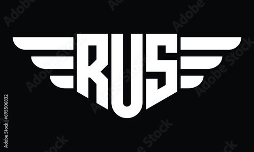 RUS three letter logo, creative wings shape logo design vector template. letter mark, wordmark, monogram symbol on black & white.	