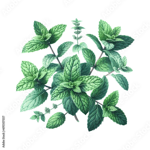 green mint herb with leaves watercolor paint on white for greeting card wedding design