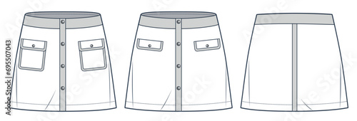  Mini Skirt technical fashion illustration. Button down Skirt fashion flat technical drawing template, mini length, pockets, A-line, front button, front and back view, white, women CAD mockup set.