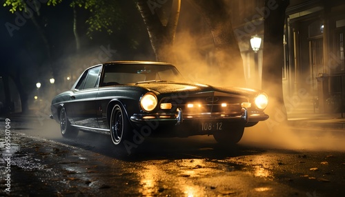 Old car on the road in a foggy night. 3d rendering