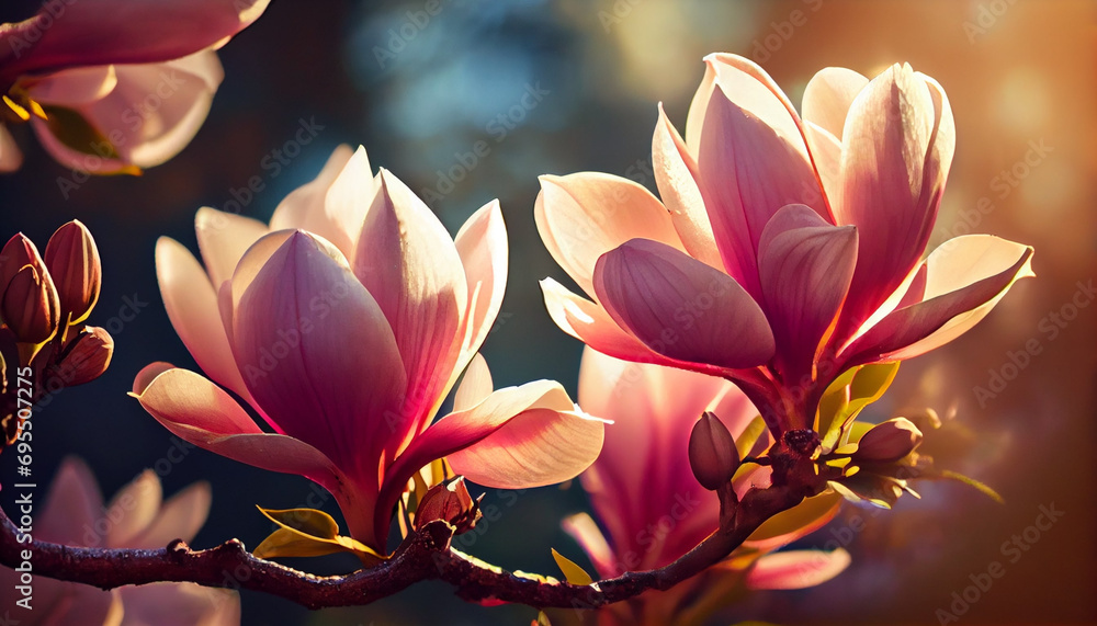 Beautiful blooming magnolia flower on branch, spring fresh air morning after rain. Natural sunlight bokeh. Generative AI Beautiful blooming magnolia flower on branch, spring fresh air morning after rain. Natural sunlight bokeh. Generative AI