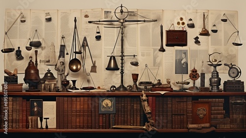 A meticulously arranged collage of legal artifacts and instruments, capturing the essence of legal history and the evolution of legal practice over time